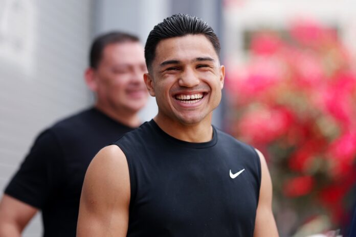 Jose Armando Resendiz smiling on arrival at a media workout at Brickhouse Boxing Club in North Hollywood, Los Angeles