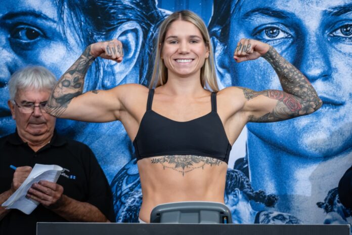 Leila Beaudoin at the weigh-in ahead of her boxing match