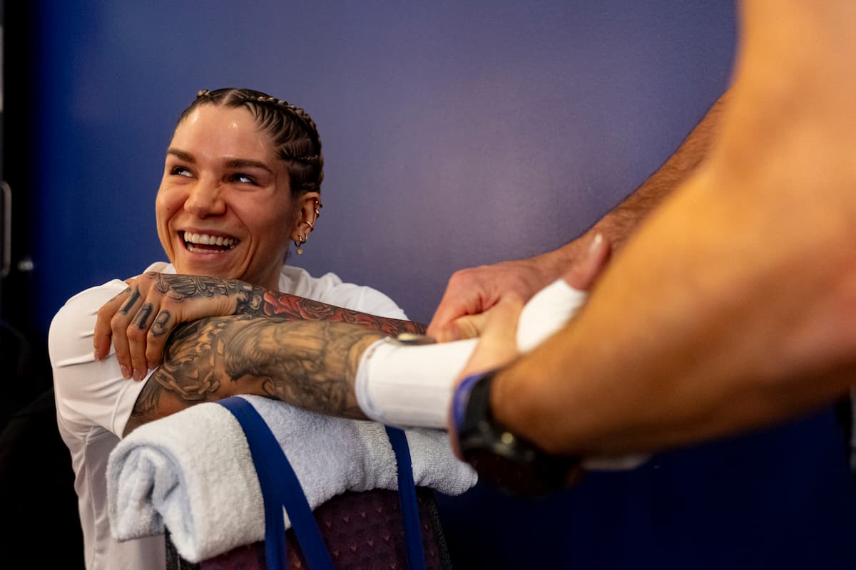 Leila Beaudoin getting her hands wrapped ahead of her boxing match