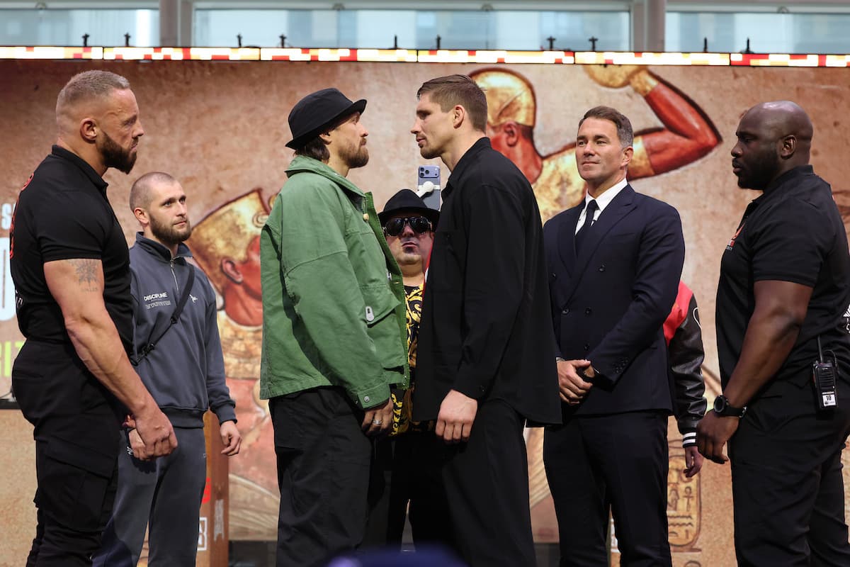 Oleksandr Usyk and Rico Verhoeven face off at a launch press conference ahead of their boxing match