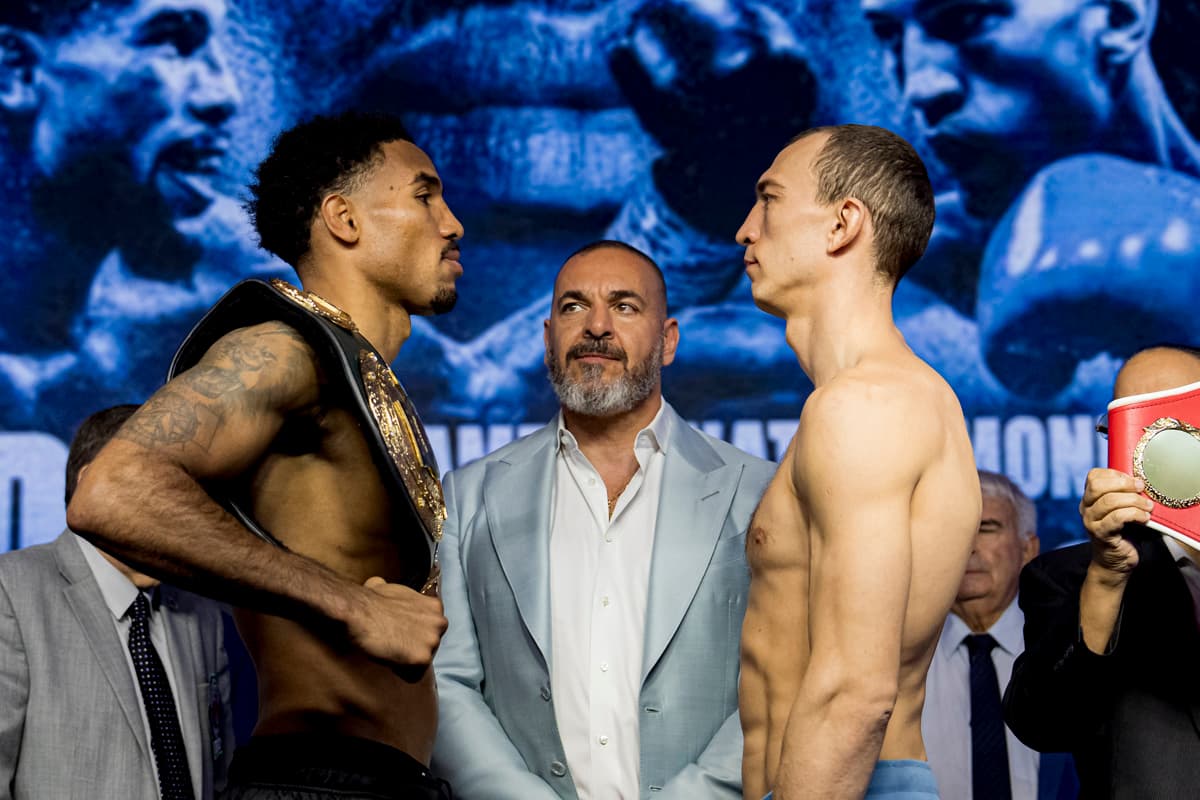 Osleys Iglesias and Pavel Silyagin face off at the weigh-in ahead of their boxing match
