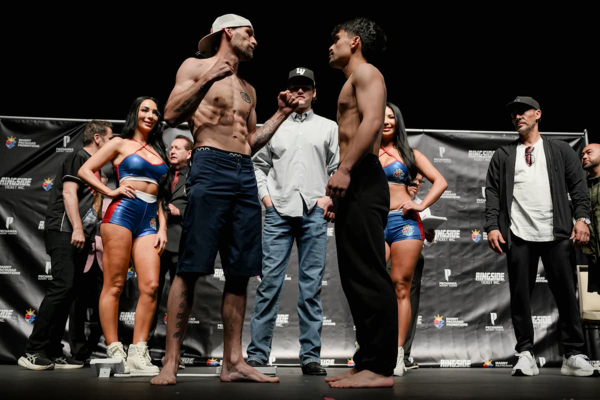 Pedro Taduran and Gustavo Perez face off at the weigh-in ahead of their boxing match in Temecula, California