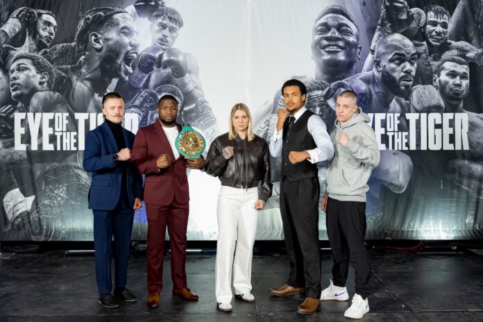 Thomas Chabot, Moreno Fendero, Leila Beaudoin, Wilkens Mathieu, and Daylen Pepin at a press conference at Théâtre Capitole in Quebec City