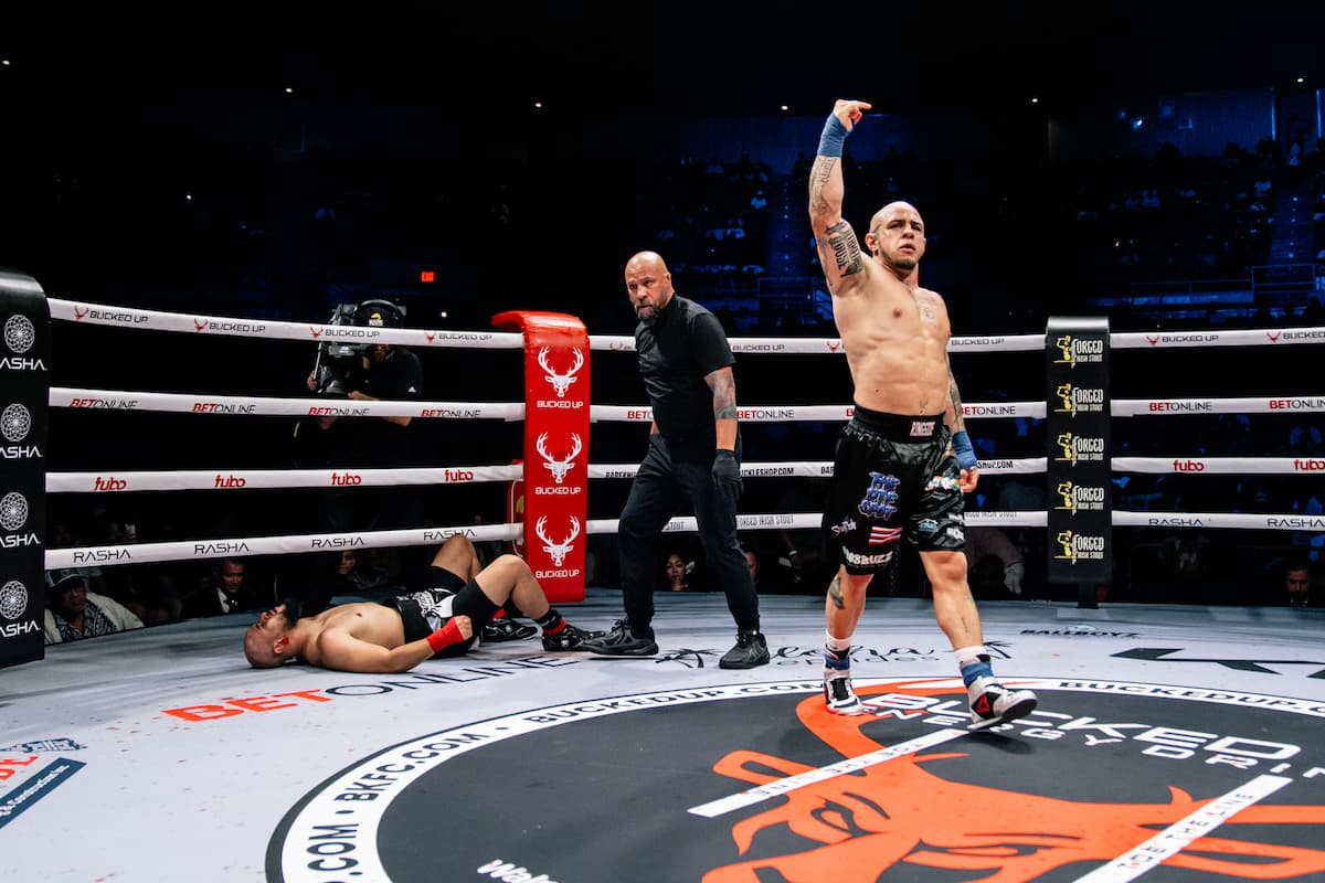 Randy Kamaiopili Jr knocks down Shiro Hitto during their bout
