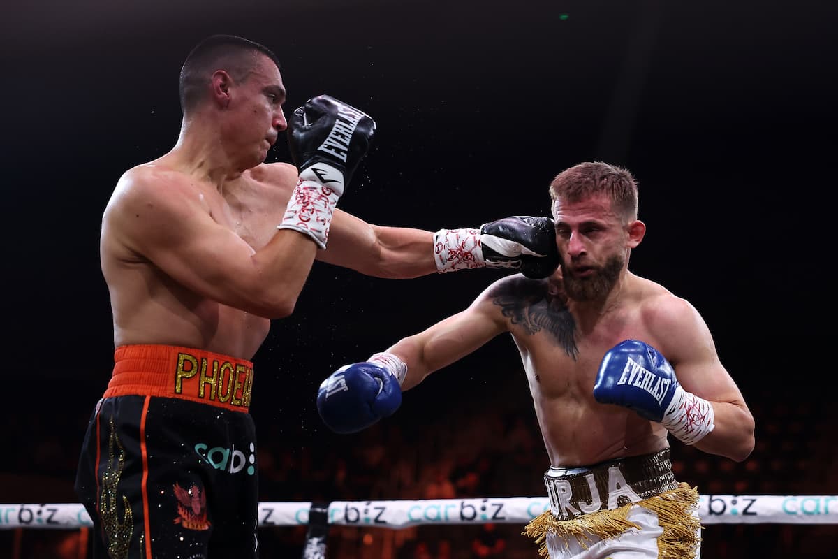 Tim Tszyu lands a punch during his bout against Denis Nurja