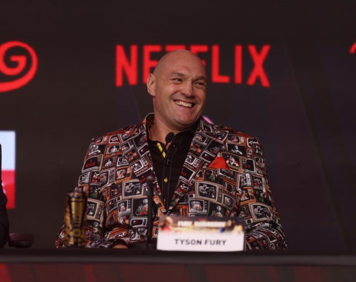 Tyson Fury laughing at the press conference ahead of his boxing match against Arslanbek Makhmudov in London
