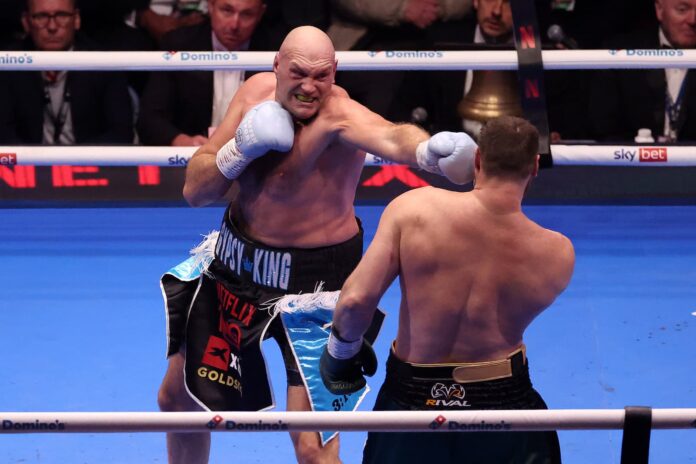 Tyson Fury throws a jab during his boxing match against Arslanbek Makhmudov
