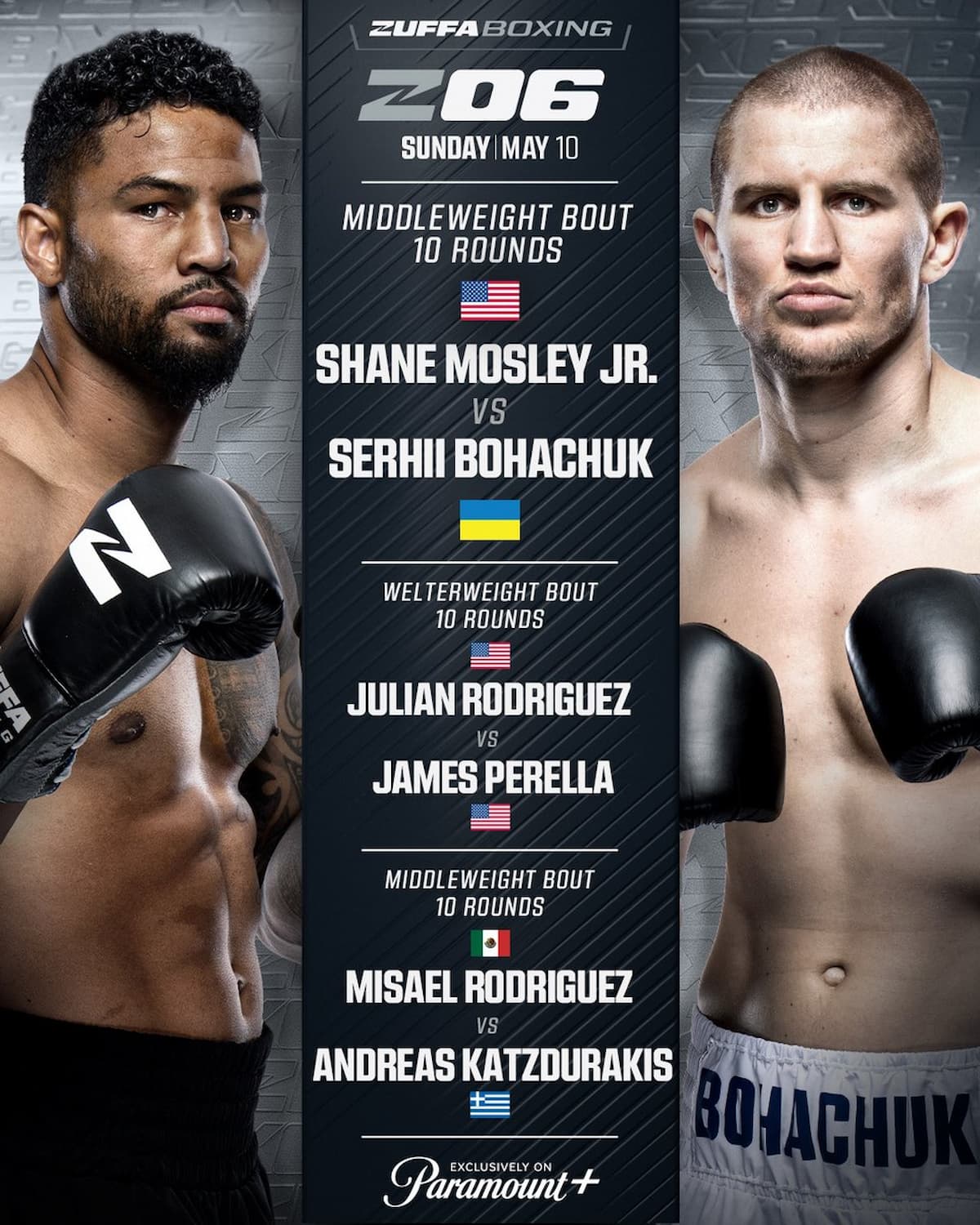 The faces of Shane Mosley Jr and Serhii Bohachuk promoting their bout at Zuffa Boxing 6