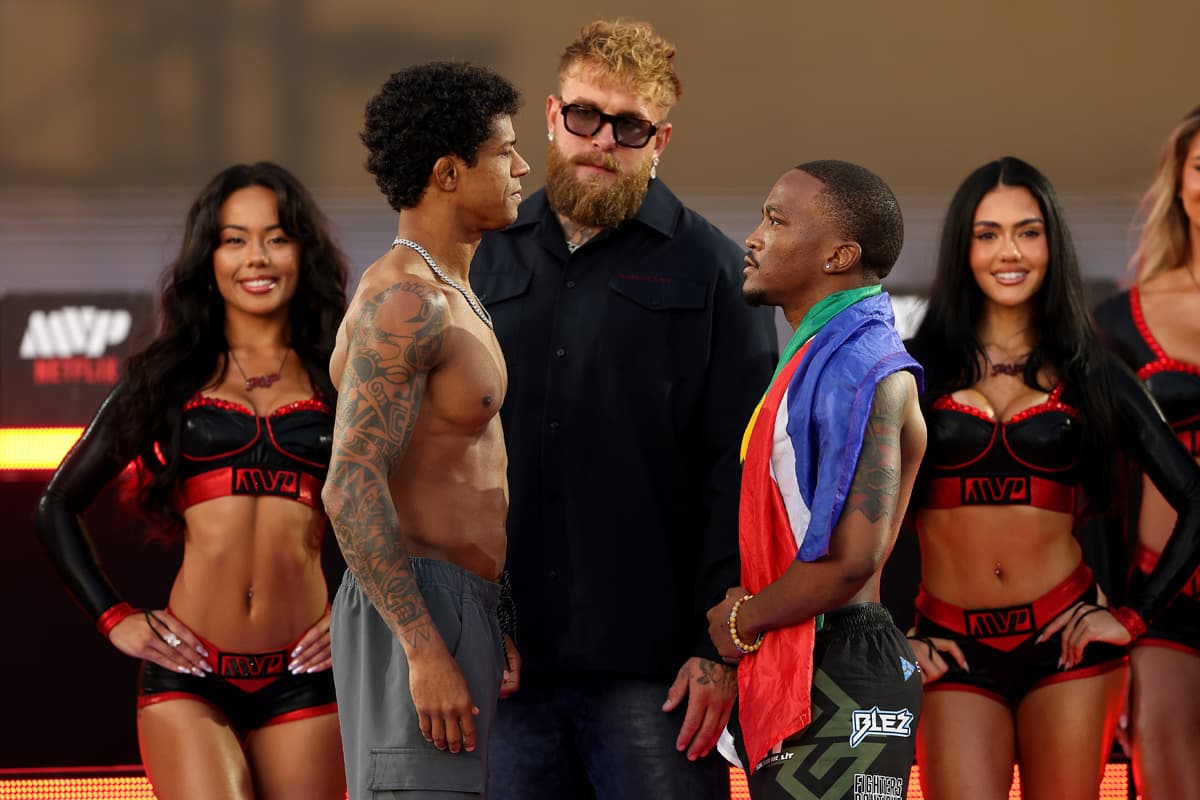 Adriano Moraes and Phumi Nkuta at weigh-in faceoff