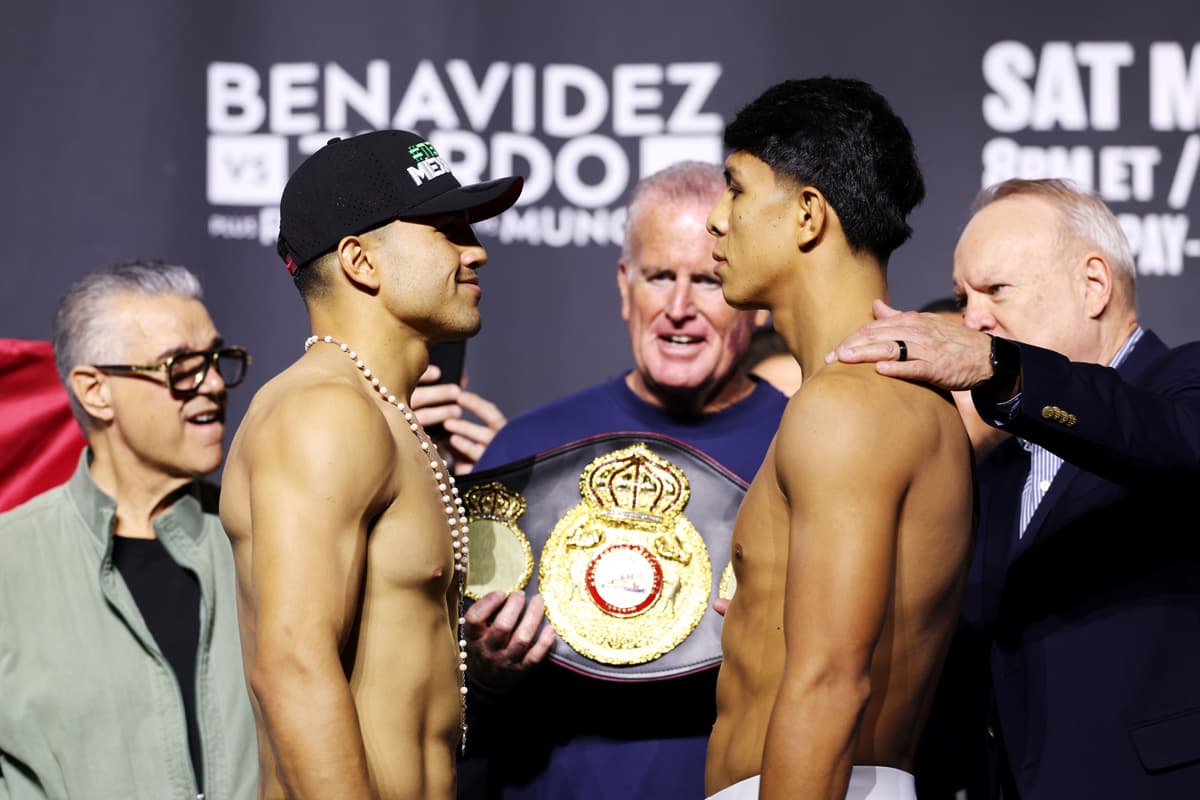 Armando Resendiz and Jaime Munguia during the faceoff at the weigh-in