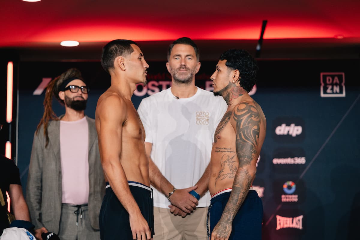Charlie Sheehy and Nike Theran face off at the weigh-in