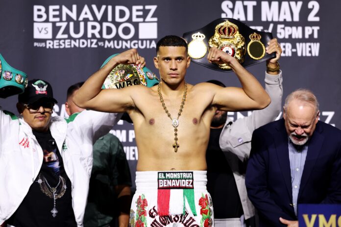 David Benavidez during the weigh-in ahead of his boxing bout against Zurdo Ramirez in Las Vegas