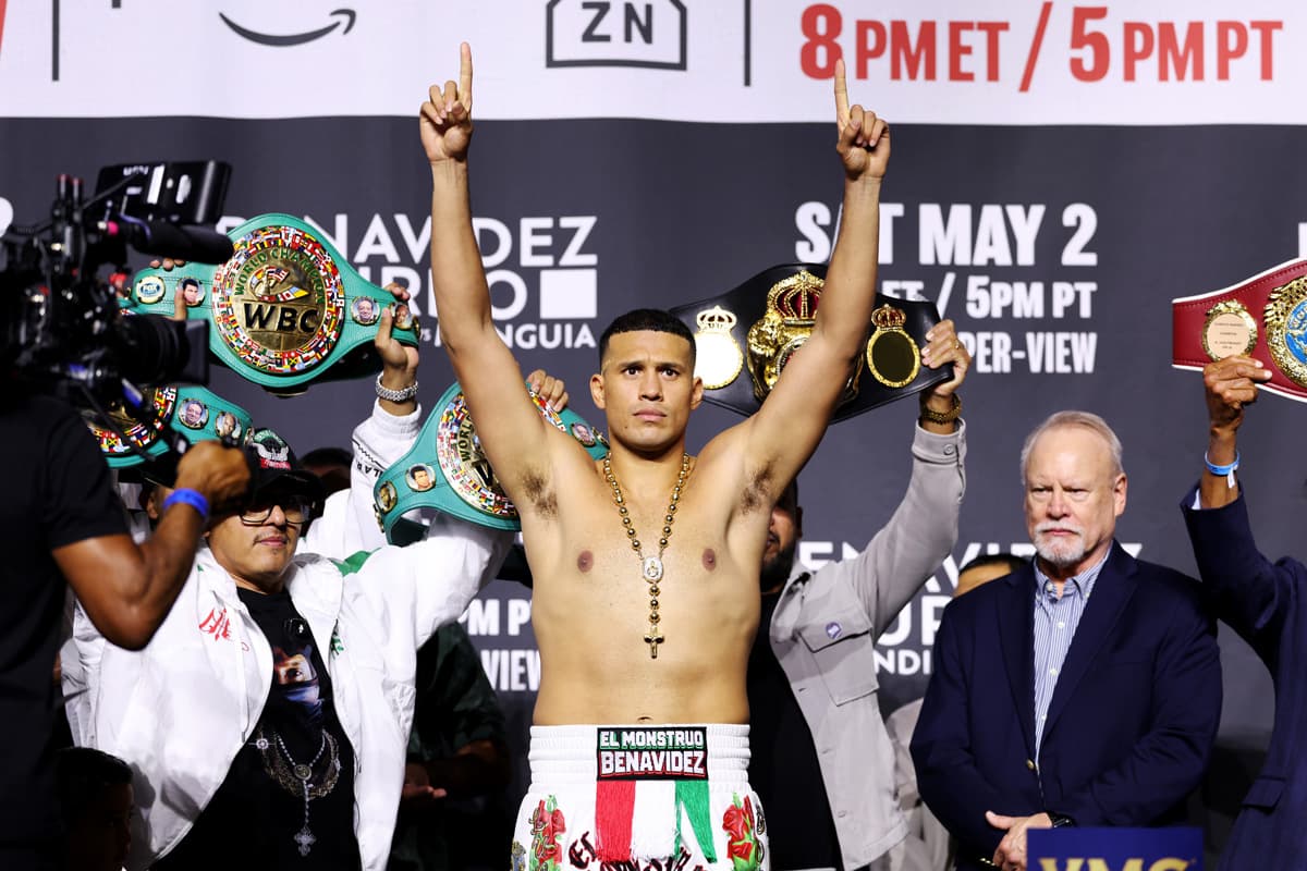 David Benavidez raising his hands during the weigh-in