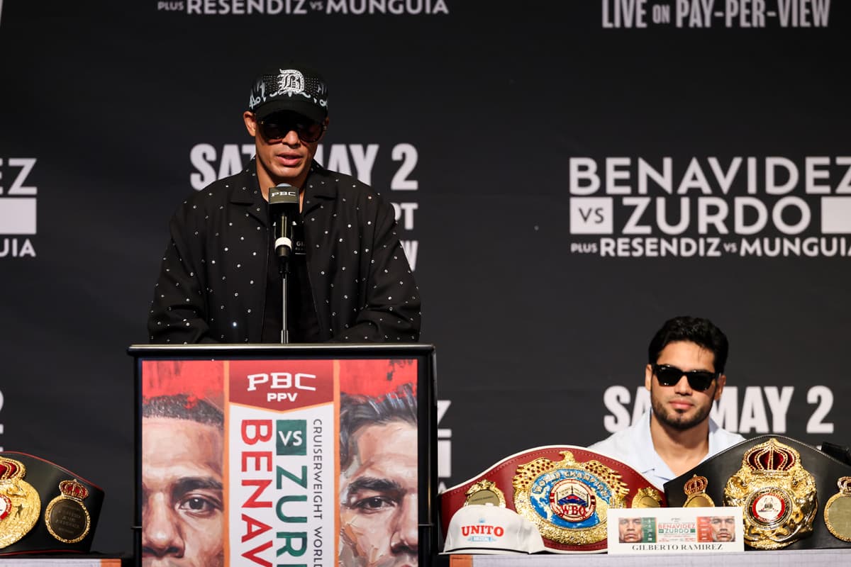 David Benavidez speaking at a press conference in Las Vegas