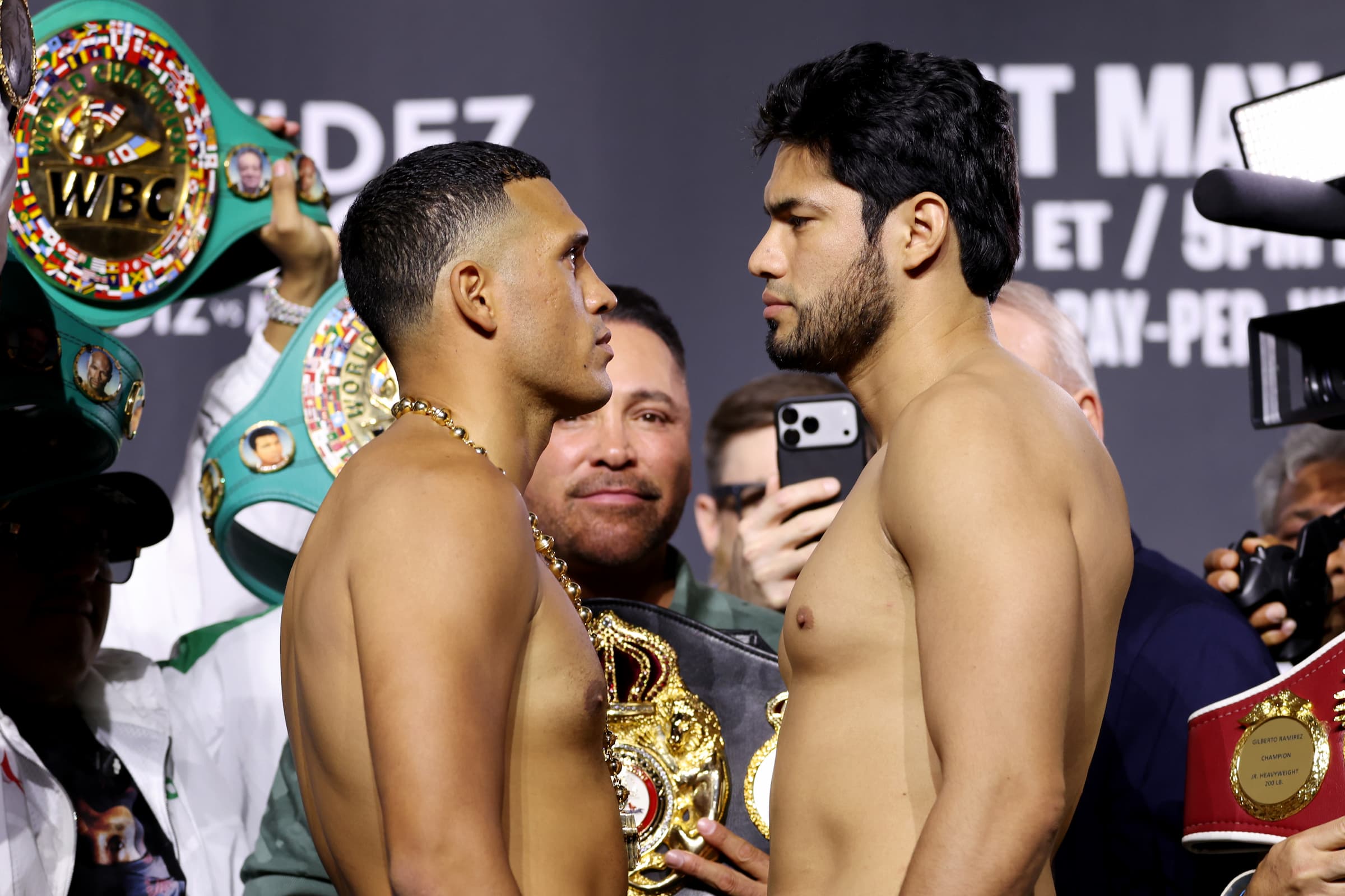 David Benavidez and Gilberto Zurdo Ramirez face off at the weigh-in ahead of their boxing bout in Las Vegas