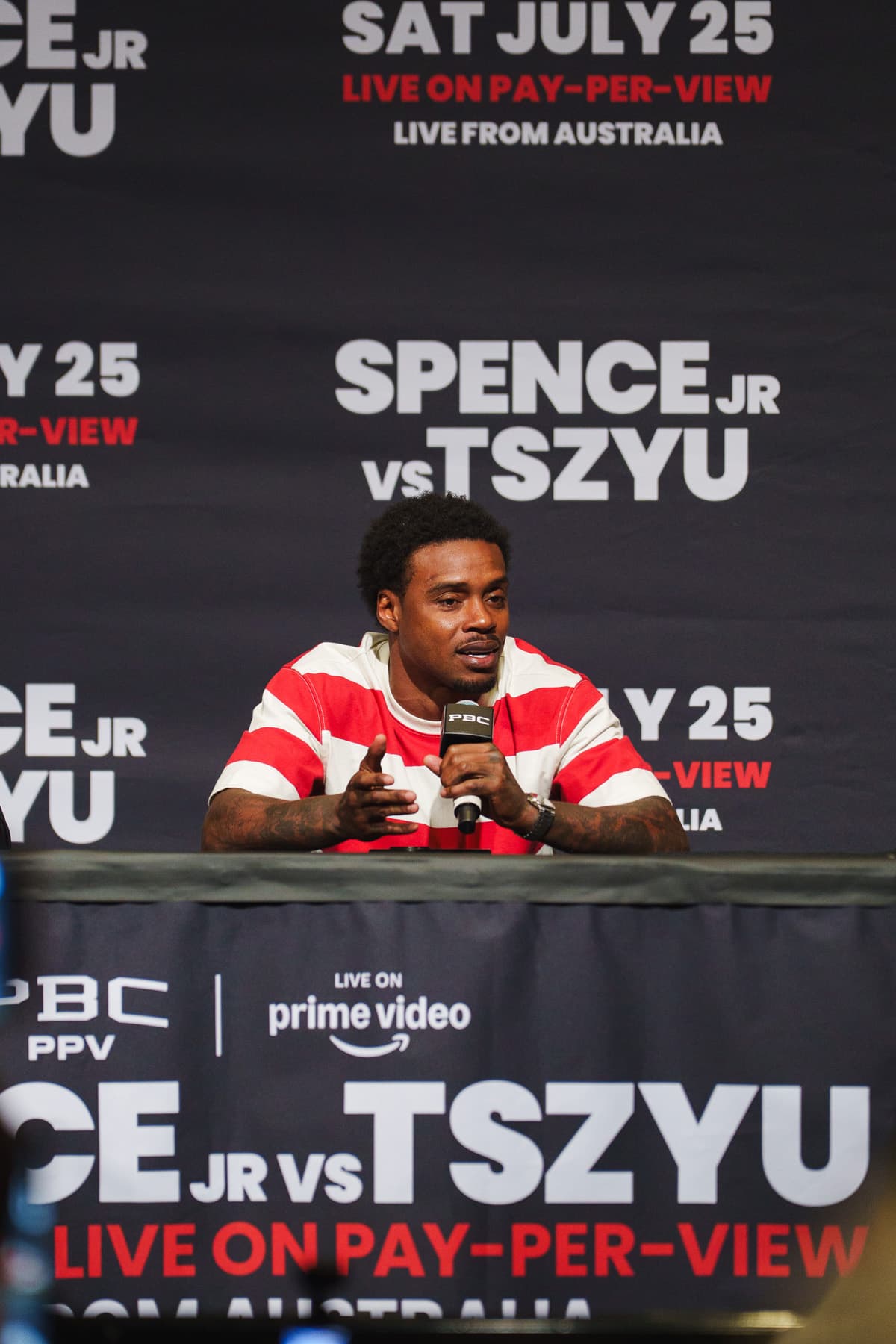 Errol Spence Jr speaking at a press conference