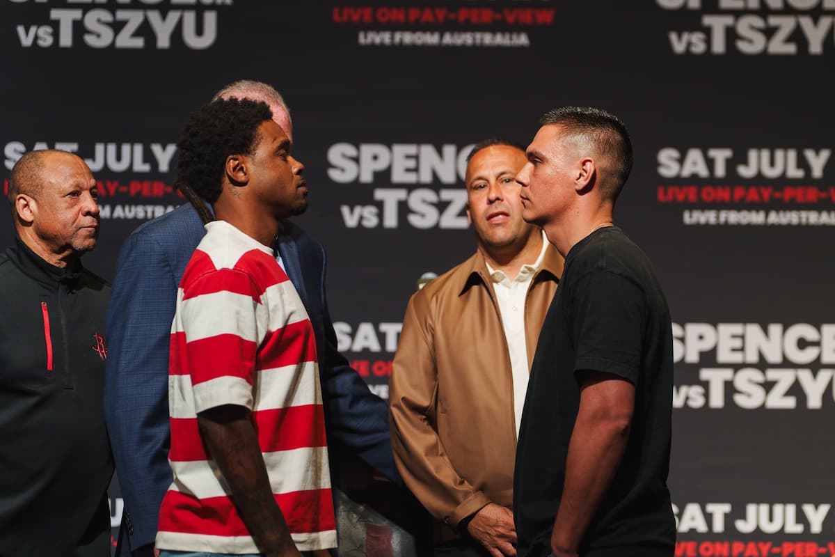 Errol Spence Jr and Tim Tszyu faceoff at press conference