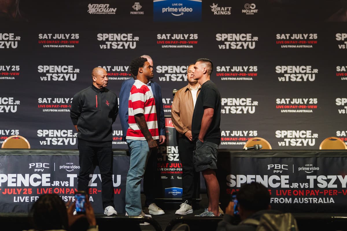 Errol Spence Jr and Tim Tszyu faceoff at press conference