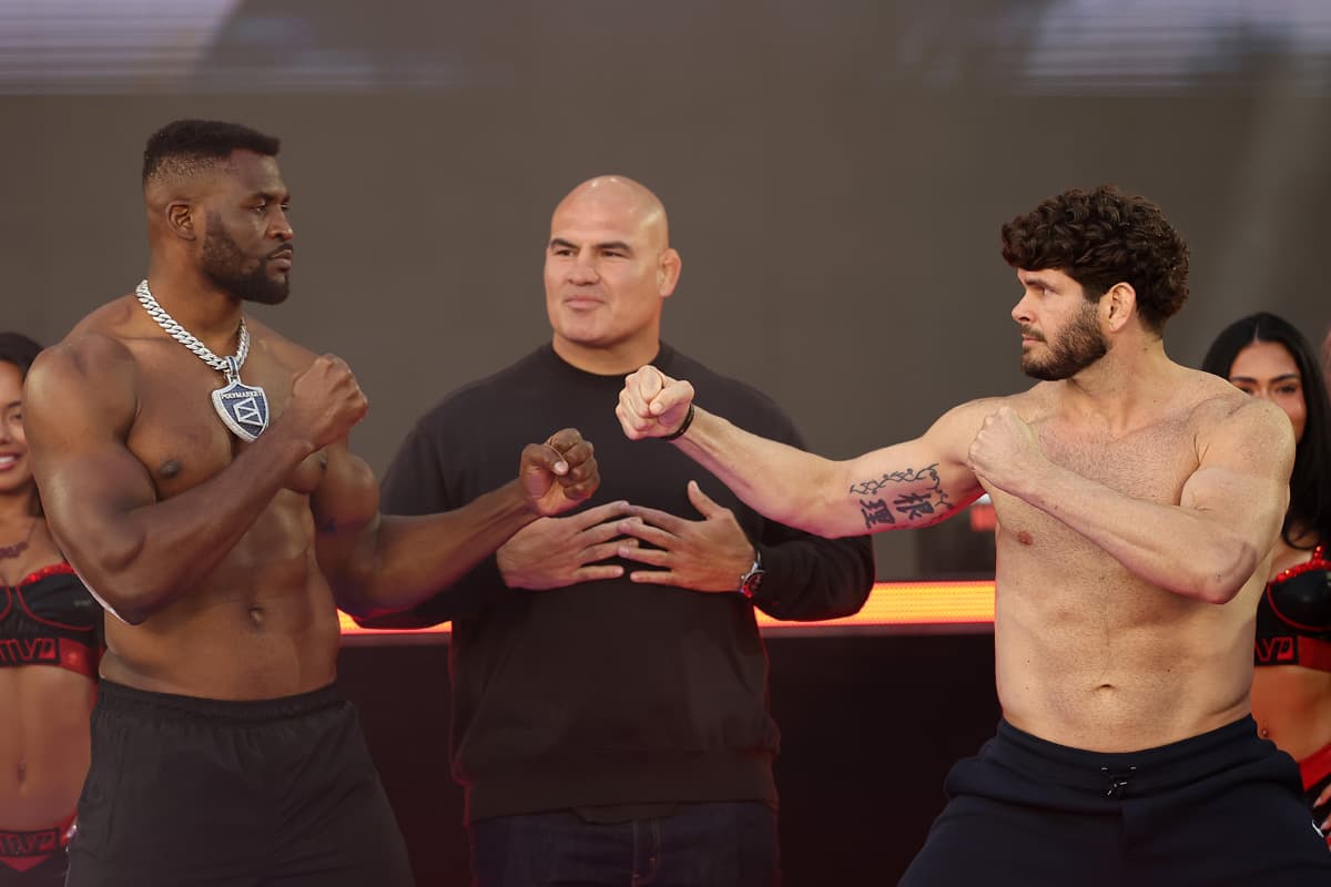 Francis Ngannou and Philipe Lins at weigh-in faceoff