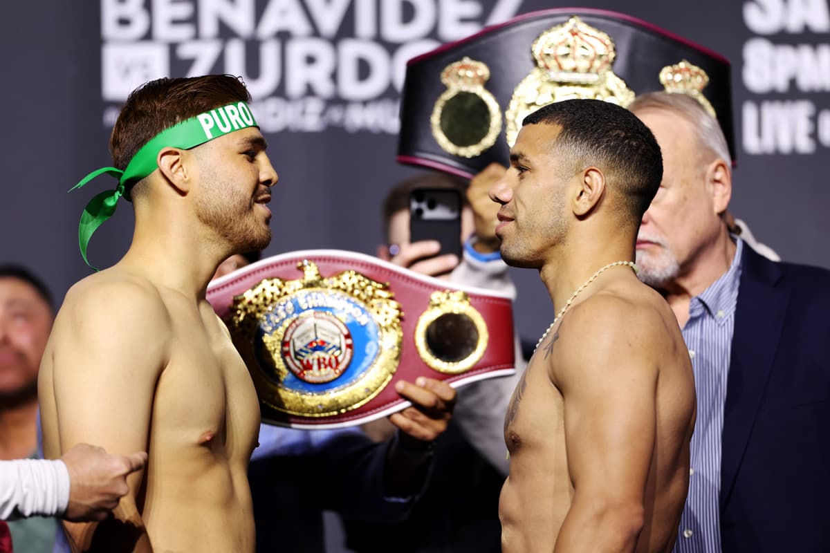 Isaac Lucero and Ismael Flores during the faceoff at the weigh-in