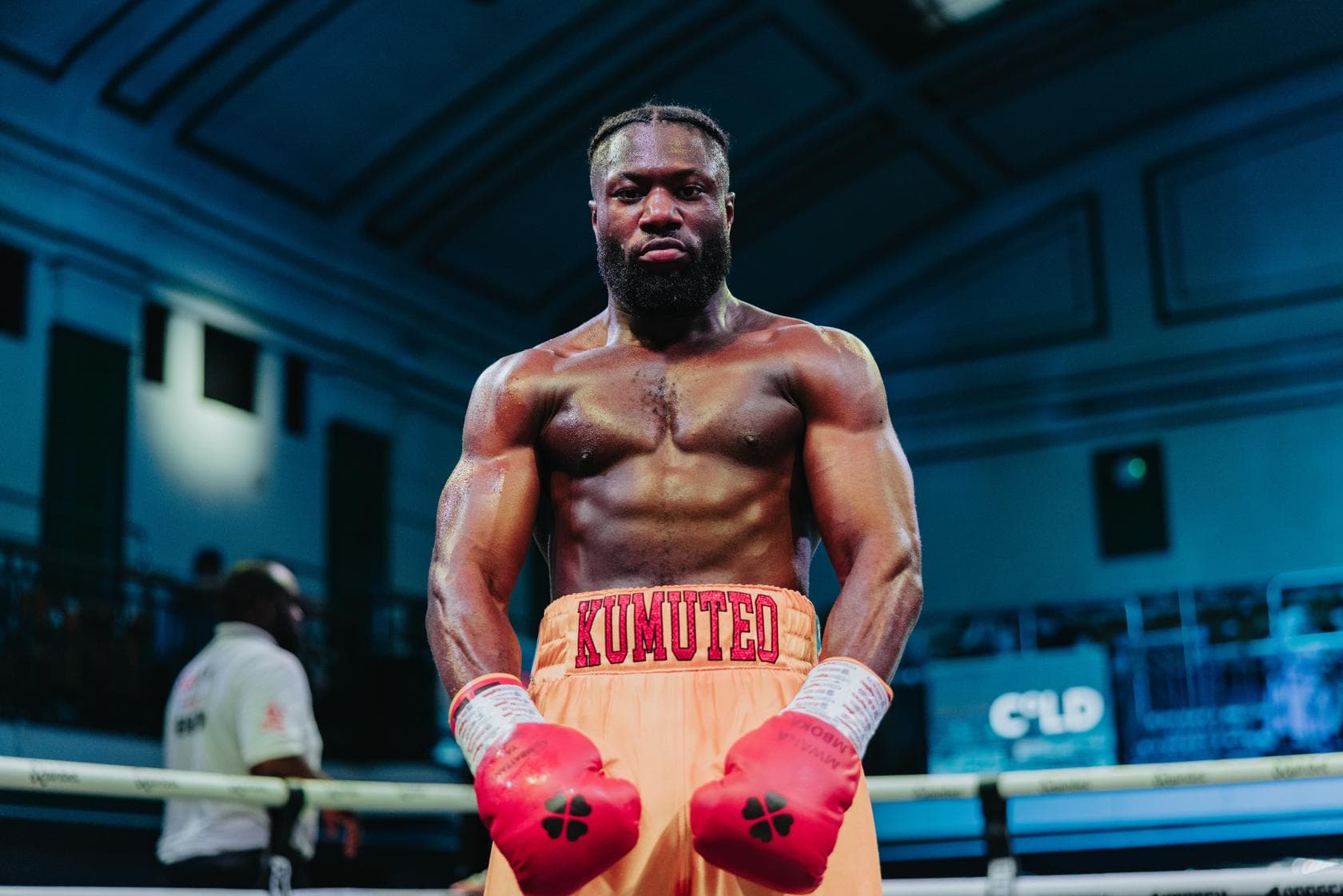 Jonathan Kumuteo poses after his victory over Jose Aguirre