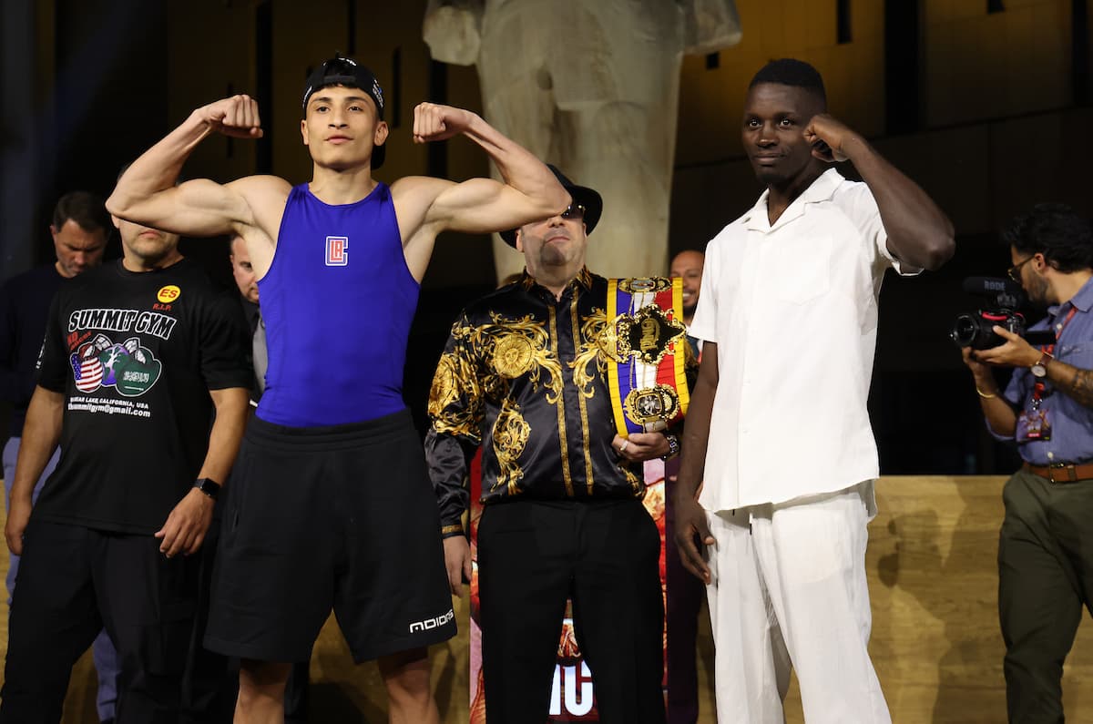 Mohamed Mabrouk Yehya and Ali Sserunkuma at weigh-in