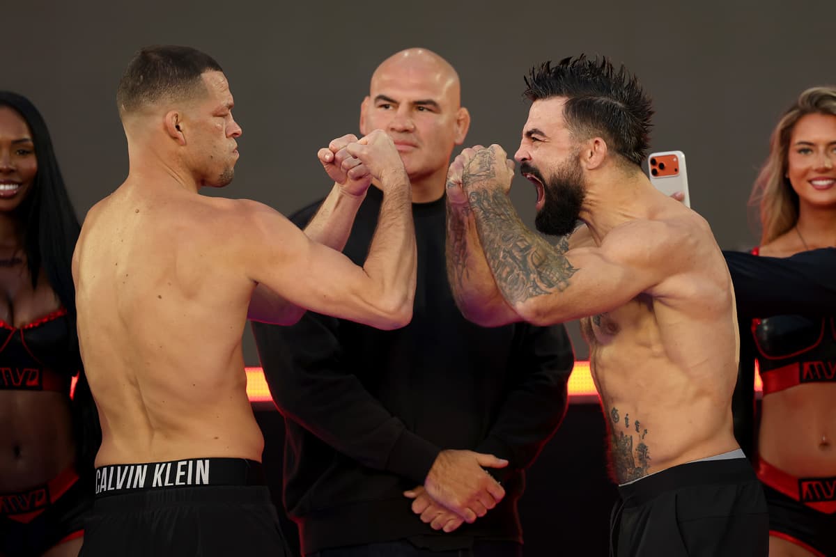 Nate Diaz and Mike Perry at weigh-in faceoff