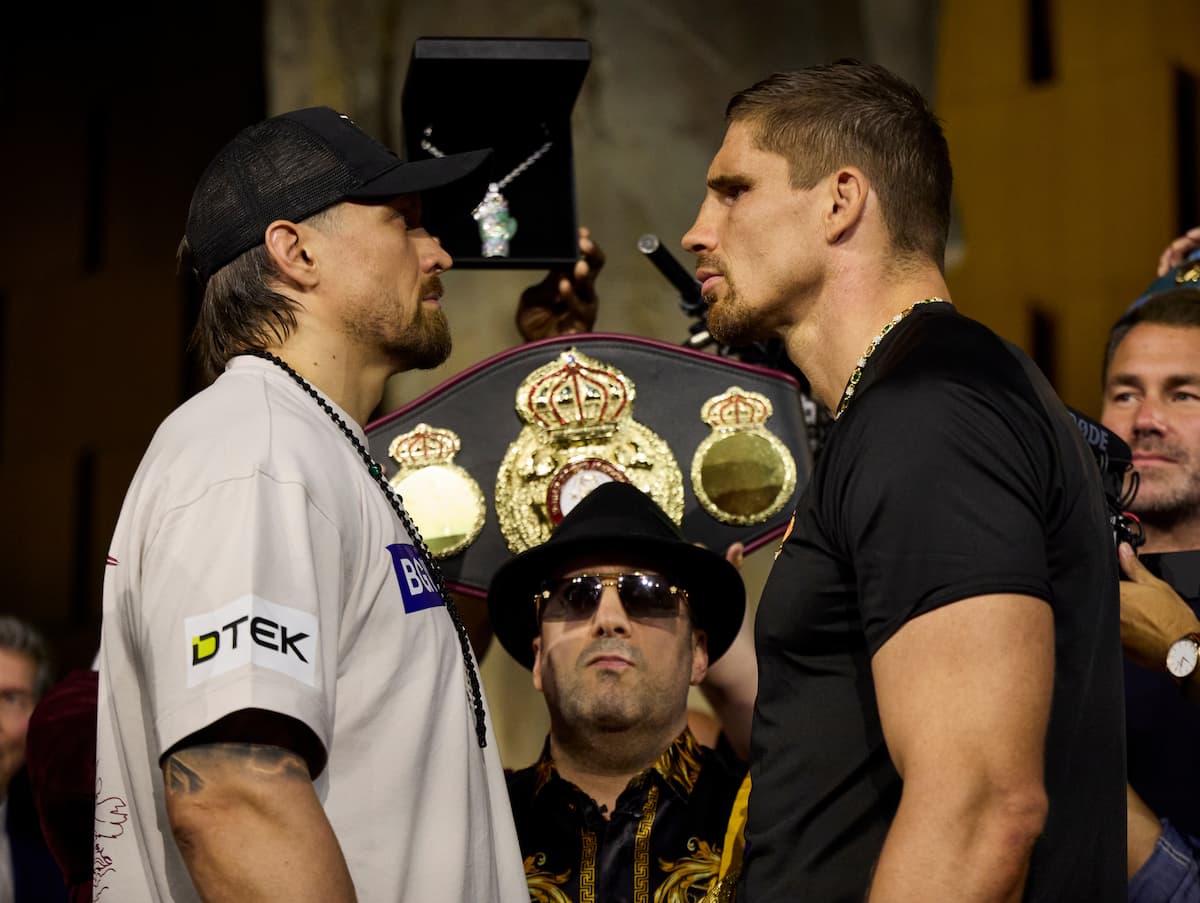 Oleksandr Usyk and Rico Verhoeven face off during weigh-in