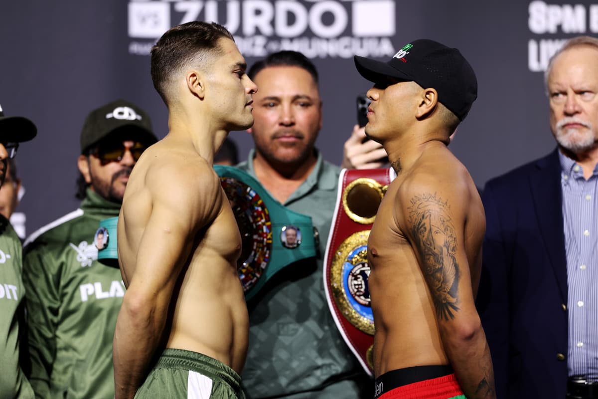 Oscar Duarte and Angel Fierro during the faceoff at the weigh-in
