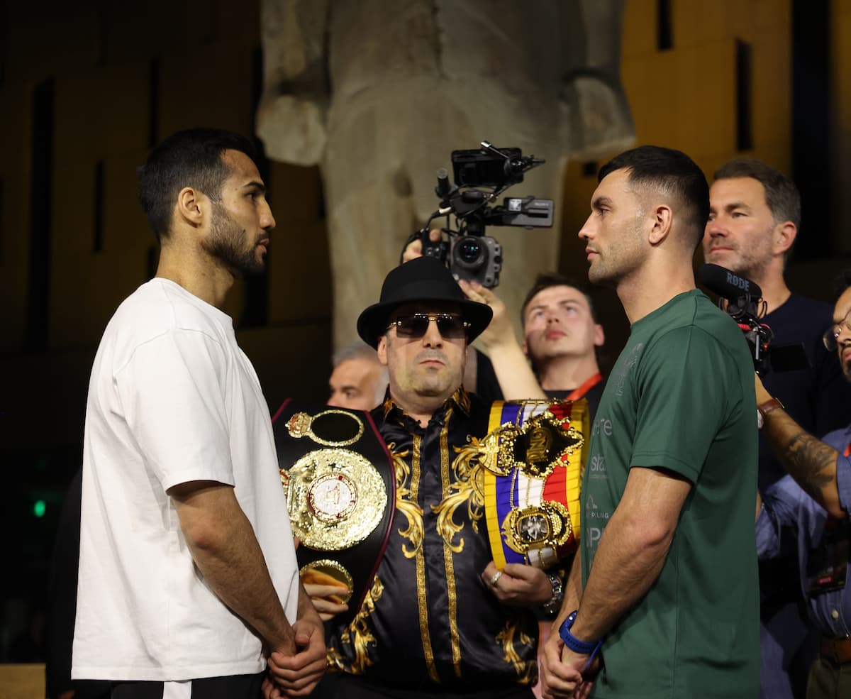 Shakhram Giyasov and Jack Catterall at weigh-in faceoff