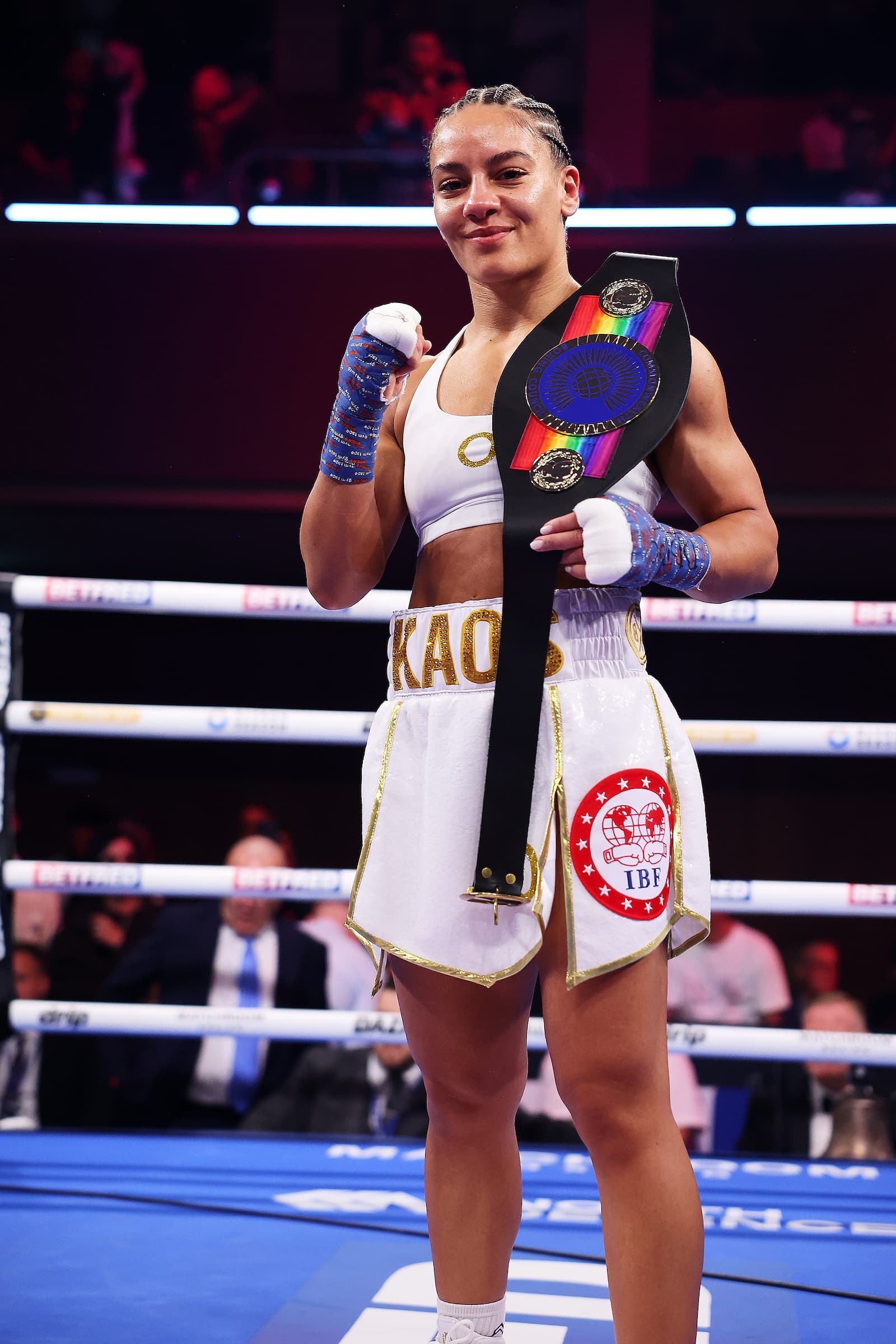 Shannon Ryan poses with her title belt after victory over Nicola Hopewell
