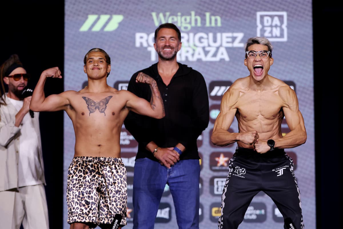 Adrian Rodriguez and Elias Montoya Terraza at the weigh-in ahead of their bout