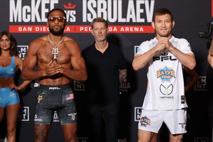 AJ McKee and Salamat Isbulaev at the PFL San Diego weigh-in