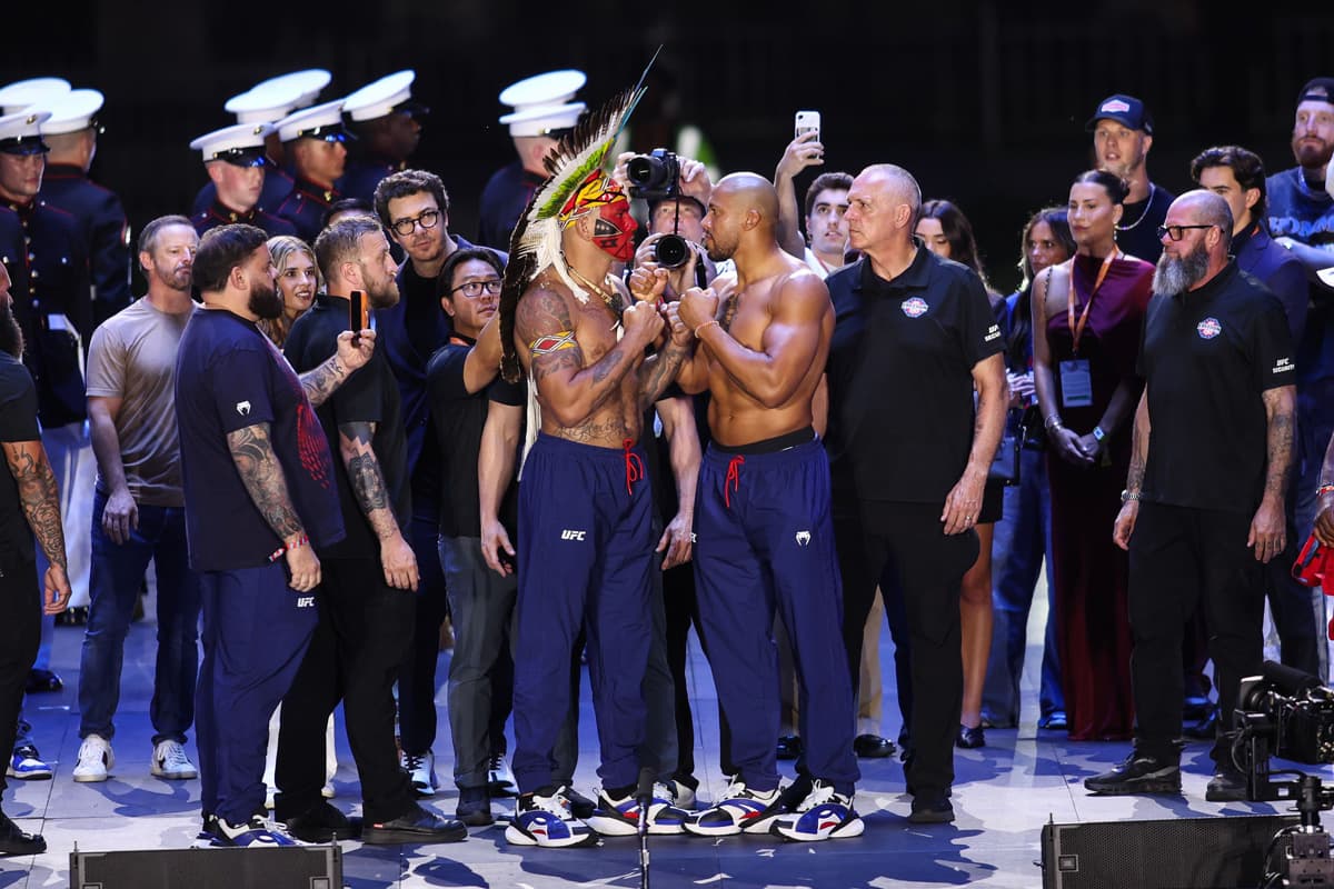 Alex Pereira and Ciryl Gane face off during the UFC Freedom 250 ceremonial weigh-in