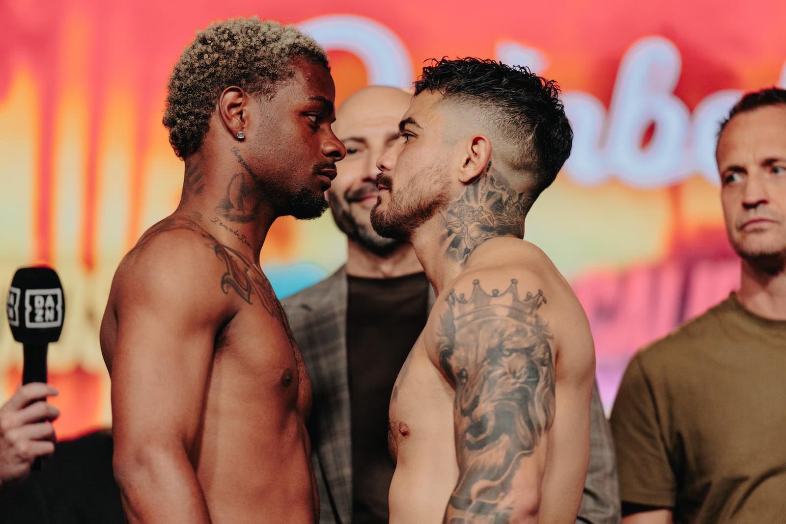 Ashton Sylve and Joseph Diaz face off during the weigh-in ahead of their boxing bout