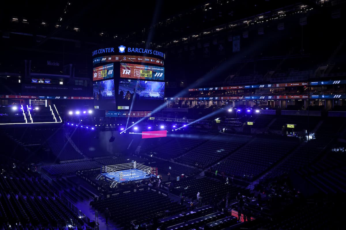 Overview of boxing ring at Barclays Center during fight night