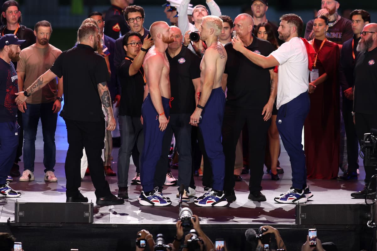 Bo Nickal and Kyle Daukaus face off during the UFC Freedom 250 ceremonial weigh-in