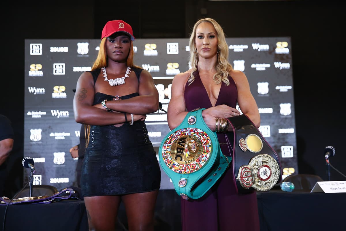 Claressa Shields and Kaye Scott at a press conference in Atlanta