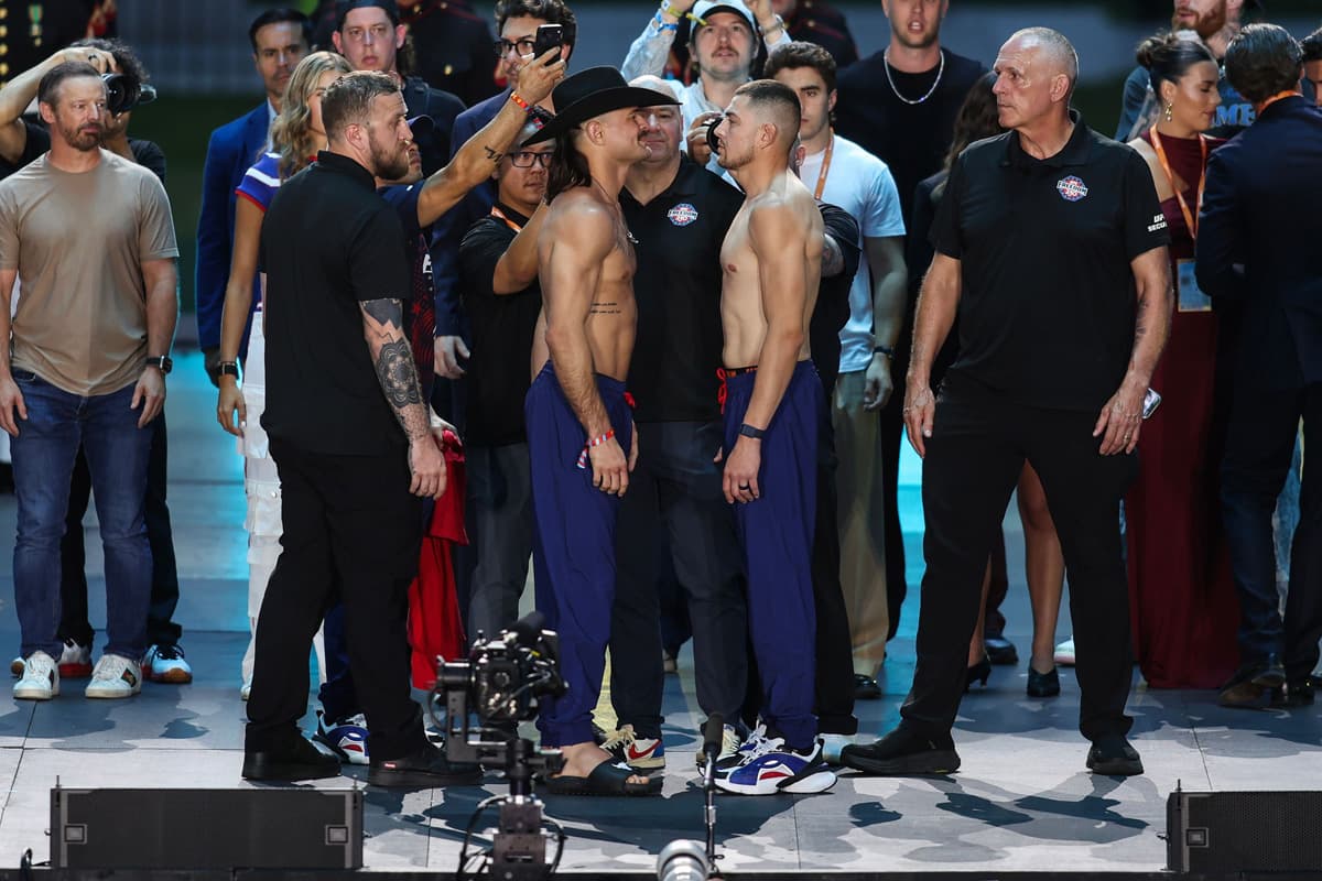 Diego Lopes and Steve Garcia face off during the UFC Freedom 250 ceremonial weigh-in