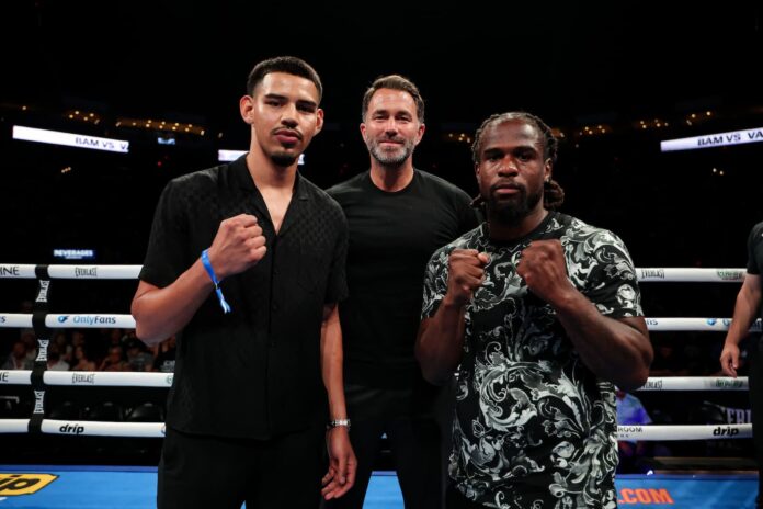 Diego Pacheco, Eddie Hearn, and Immanuwel Aleem in the ring during the Rodriguez vs Vargas event