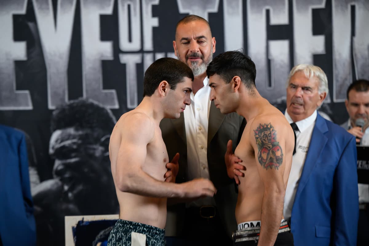 Erik Israyelyan and Johan Guzman face off at the weigh-in ahead of their bout