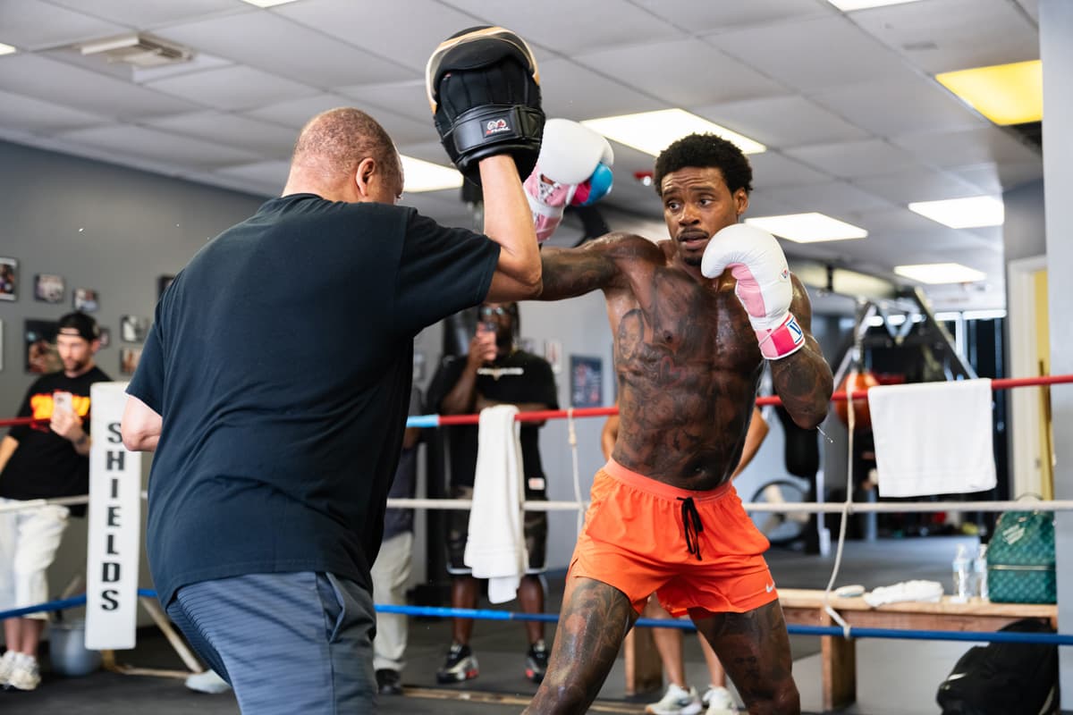 Errol Spence Jr. doing mitt work during a media workout