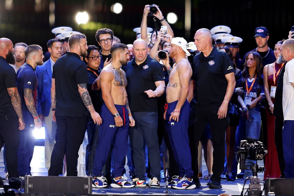 Ilia Topuria and Justin Gaethje face off during the UFC Freedom 250 ceremonial weigh-in