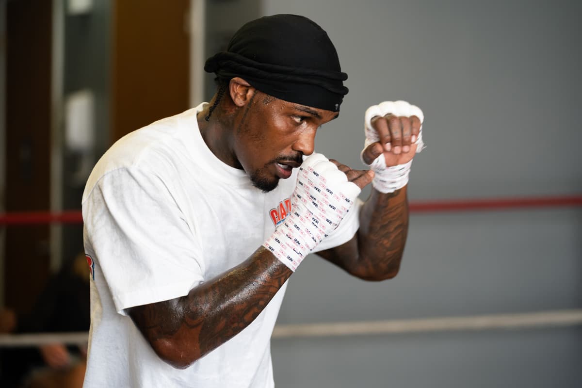 Jermall Charlo shadowboxing during a media workout