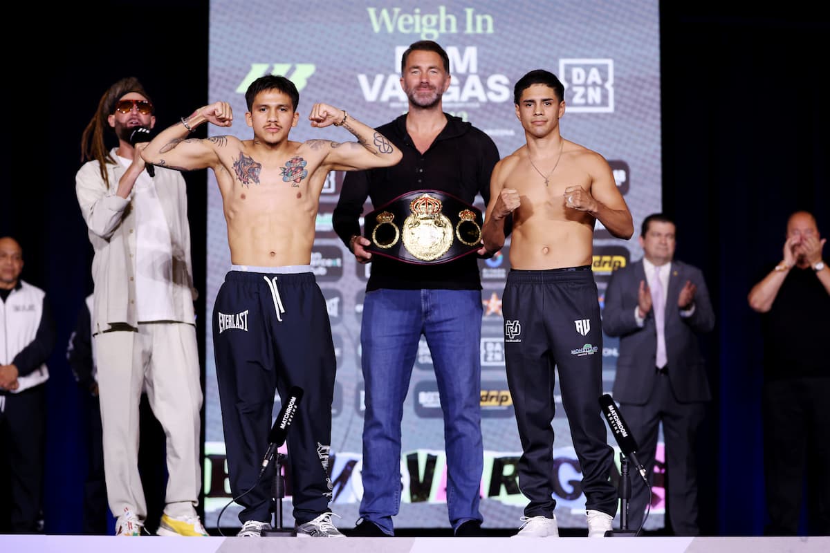Jesse Rodriguez and Antonio Vargas pose at the weigh-in ahead of their bout