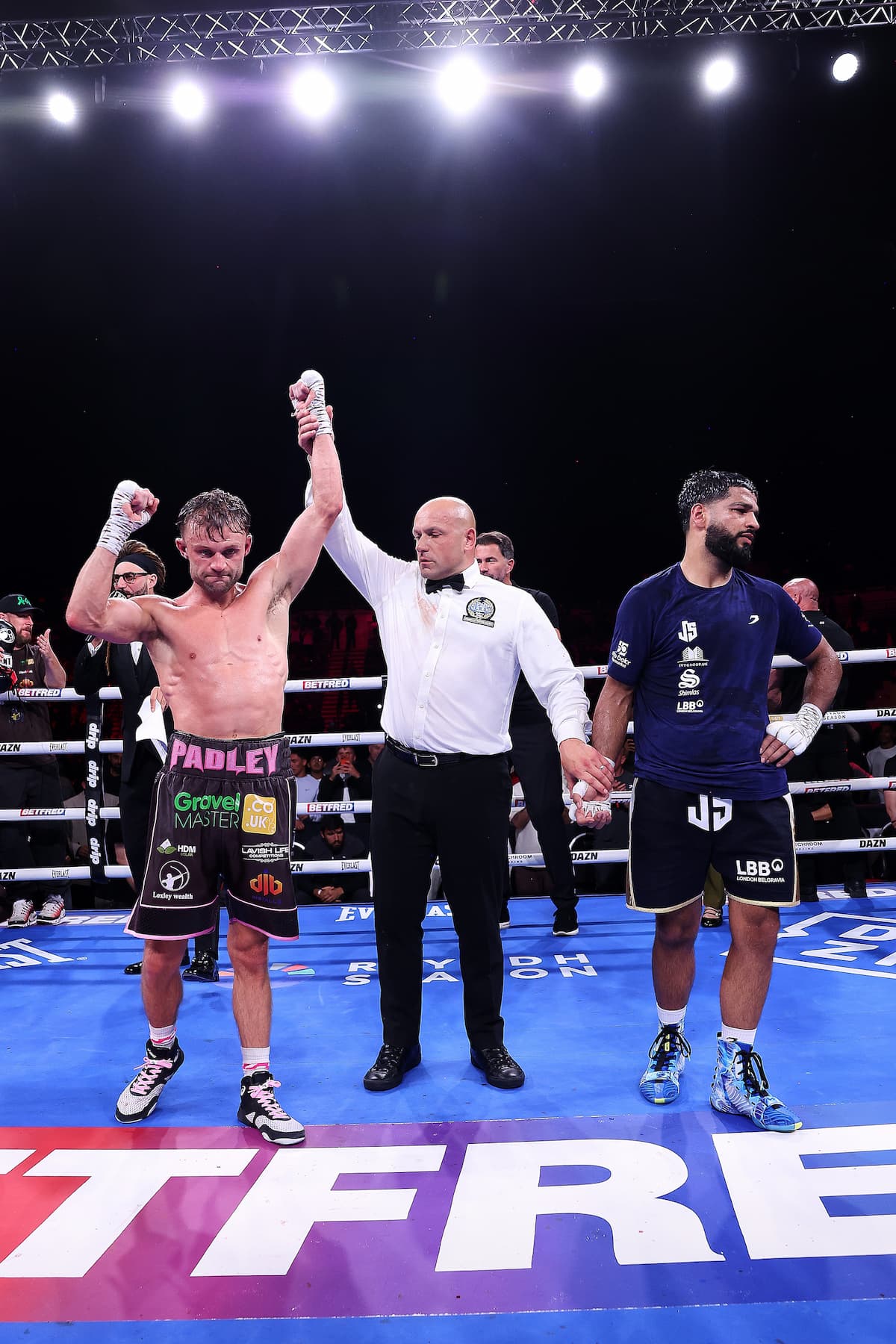 Referee raises Josh Padley's hand in victory over Aqib Fiaz