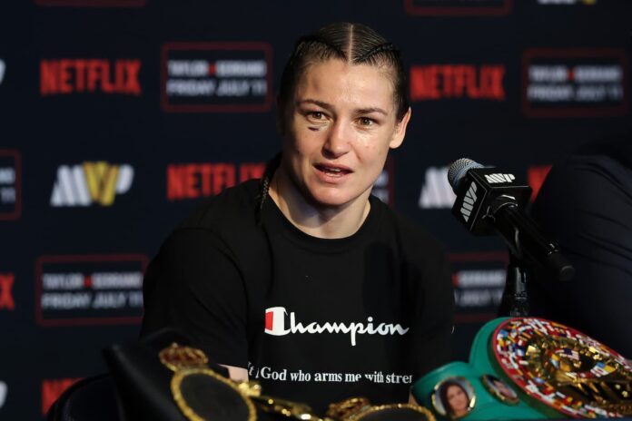 Katie Taylor speaks to the media following her bout against Amanda Serrano
