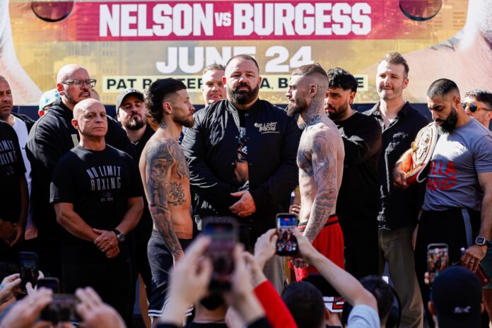 Liam Paro and Lewis Crocker face off during the weigh-in ahead of their boxing bout