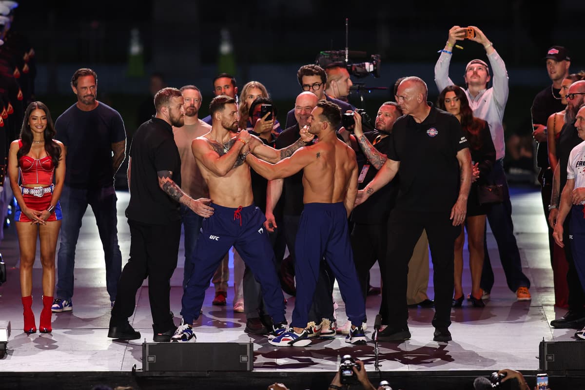 Mauricio Ruffy and Michael Chandler face off during the UFC Freedom 250 ceremonial weigh-in