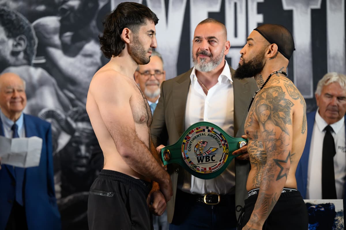 Mehmet Unal and Yoann Kongolo face off at the weigh-in ahead of their bout